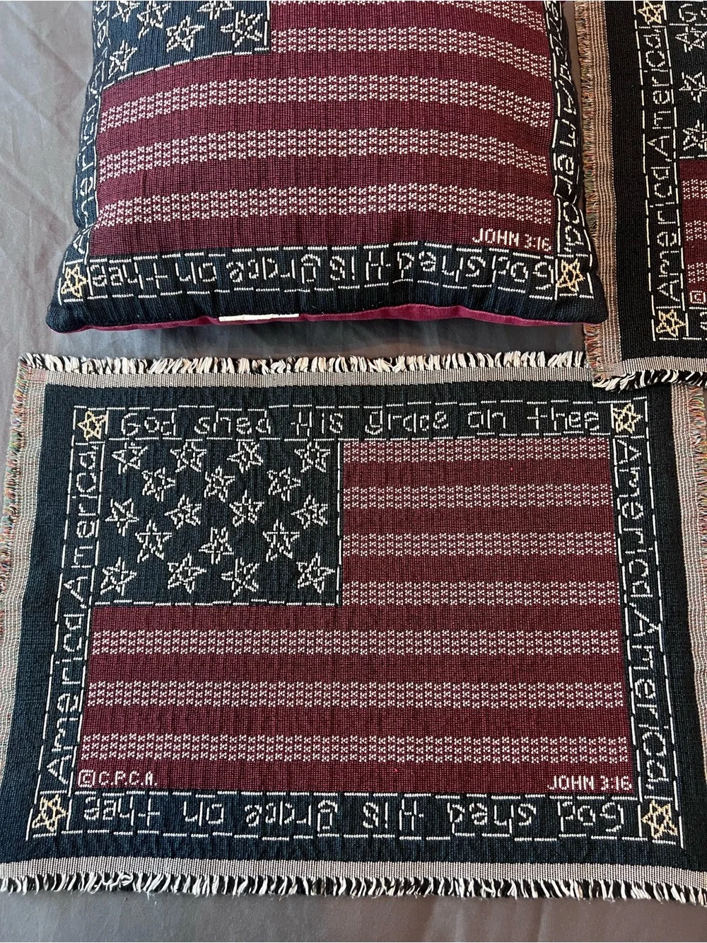 Americana Tapestry 4 Placemats + Pillow John 3:16 Christian Patriotic Decor